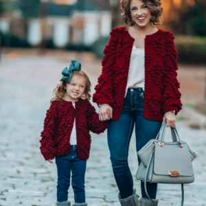 veste rouge pompom heart en laine de mouton