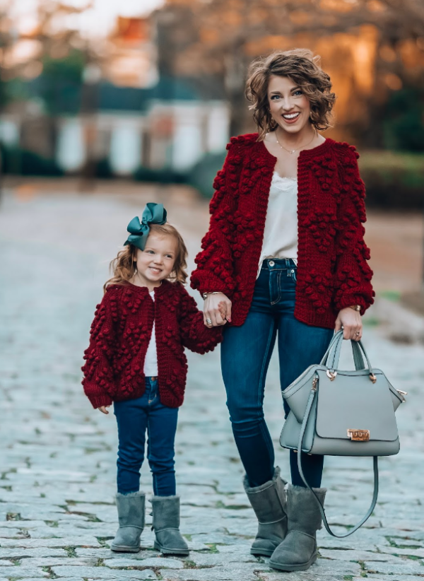 veste rouge pompom heart en laine de mouton